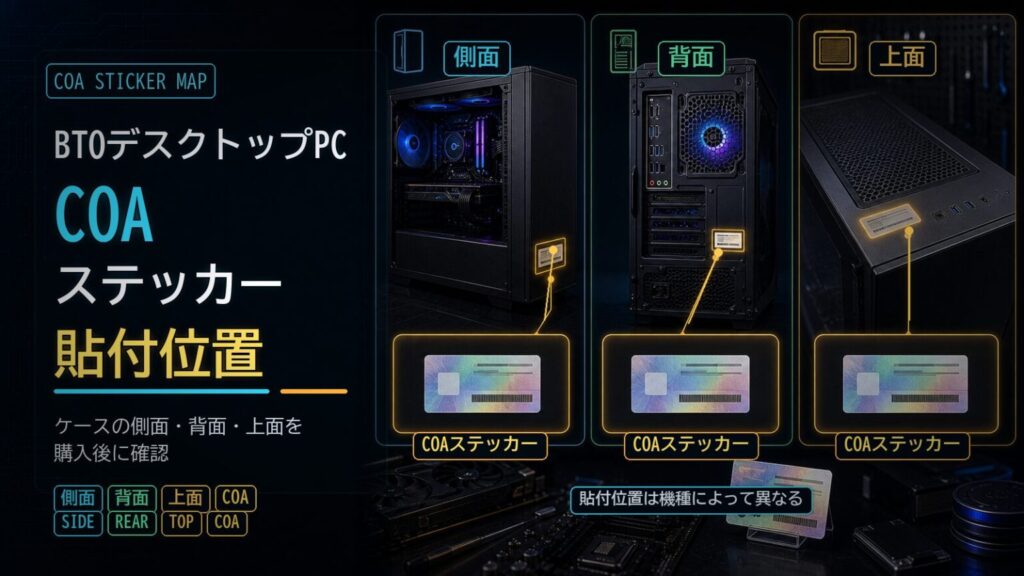 BTO デスクトップ PC ケースの COA ステッカー貼付位置を示す図解