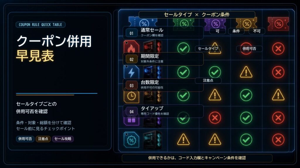 クーポン併用ルール早見表（セールタイプ × 併用可否）