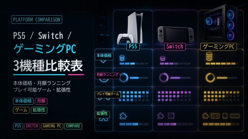 PS5 と Switch とゲーミングPC の費用対効果比較